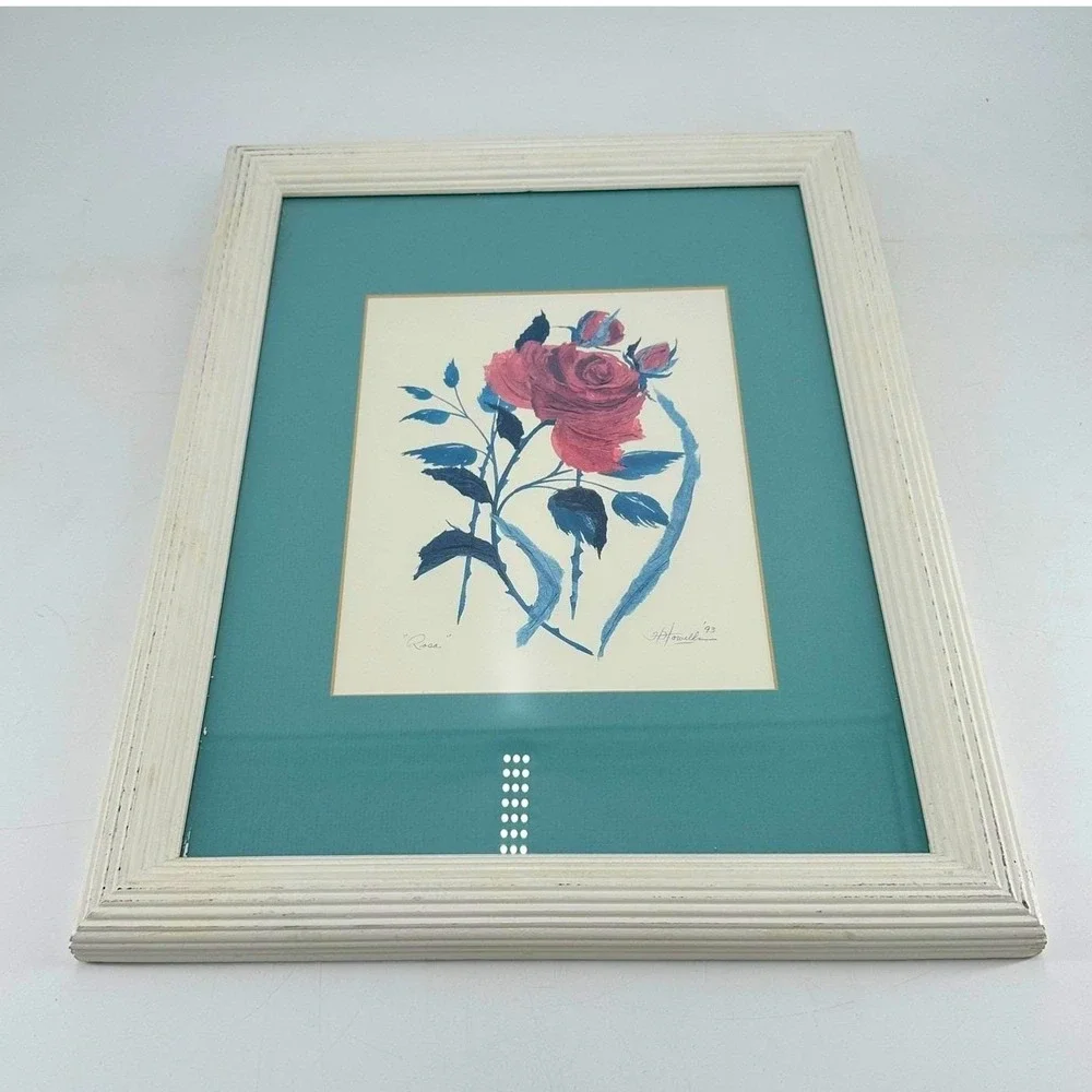 Cottage Victorian Vintage Rose Floral Framed Original Art Pink Blue‎ White Frame